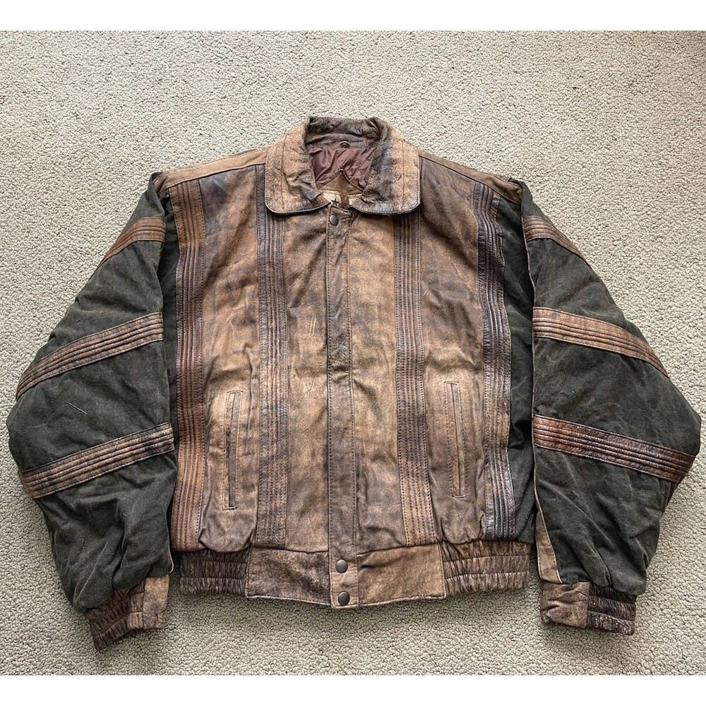 Vintage Midway Leather Jacket Mens 38 S Brown Green Colorblock Bomber Korea 90s
